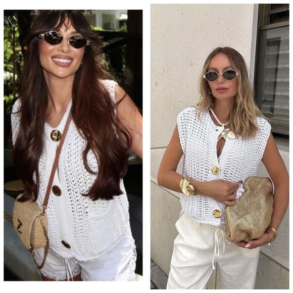 Zara White Chunky Knit Oversized Cardigan Sweater Vest Size Small Gold Button - Picture 1 of 12